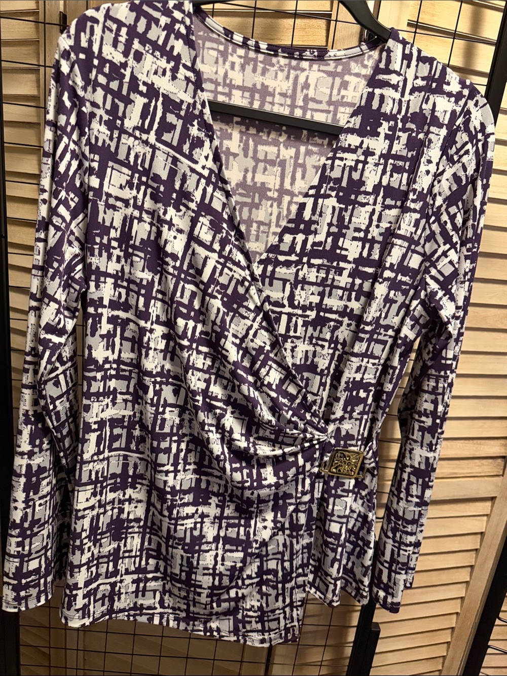 Purple and White Printed Wrap-Front Long Sleeve Top